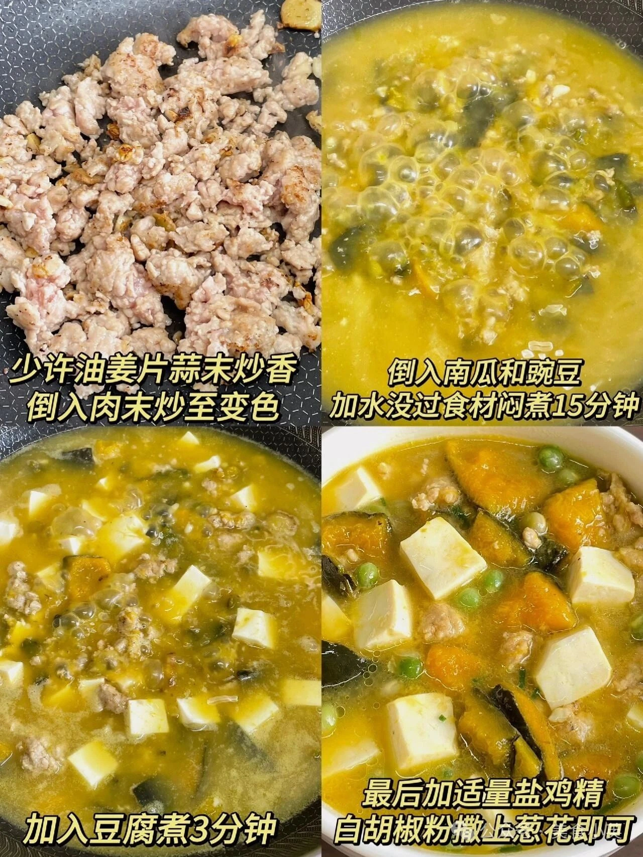 Minced meat, pumpkin and tofu soup